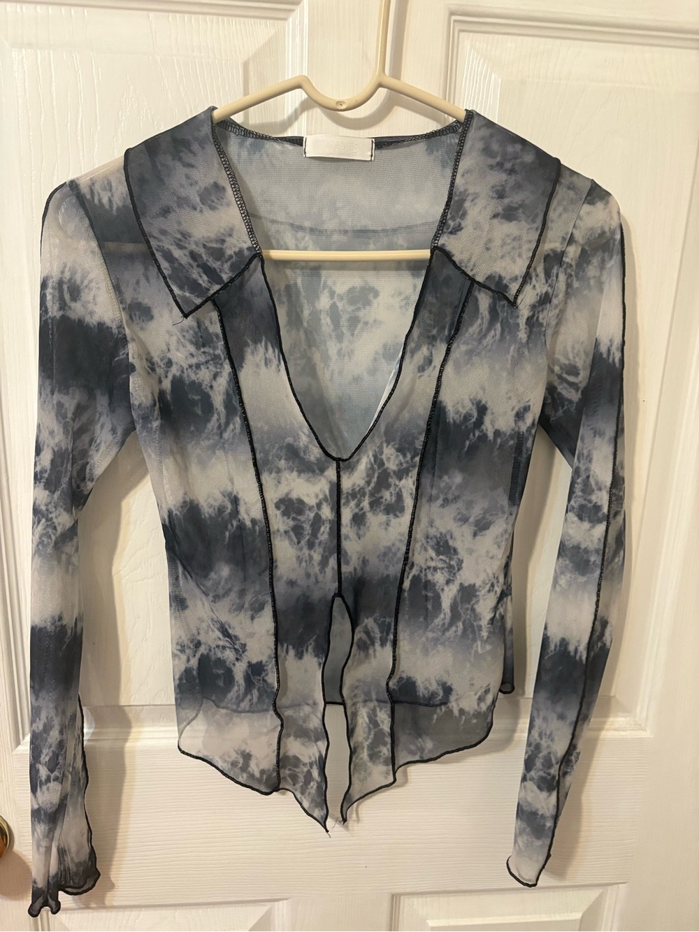 WAVE Sheer Tie-Dye Long Sleeve V-Neck Top - Blue/White